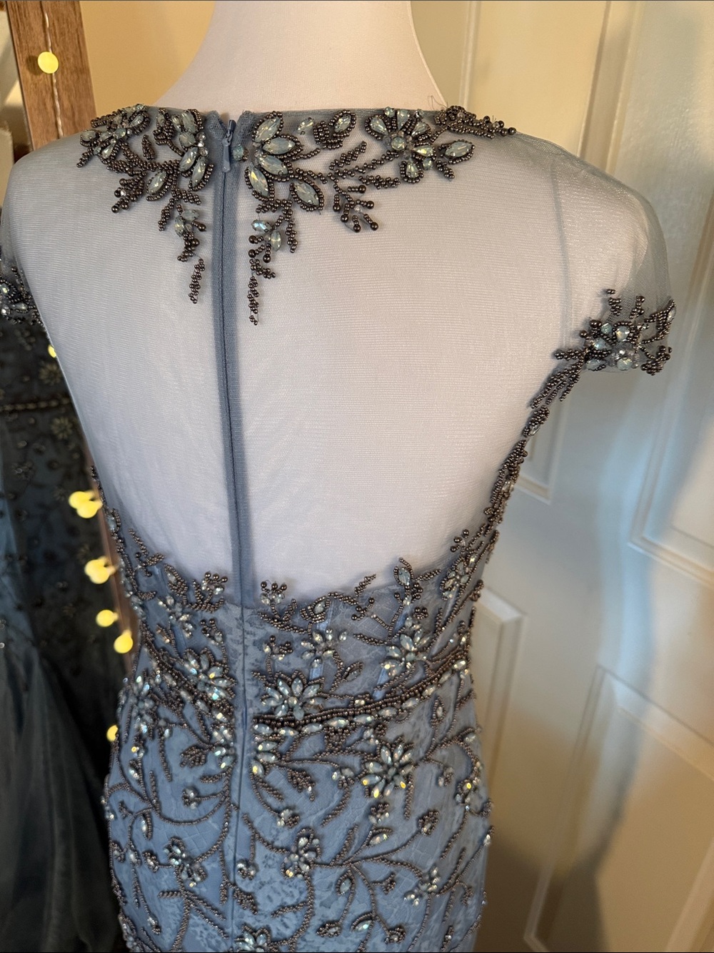 MAC DUGGAL Blue Embellished Lace Evening Gown with Illusion Neckline - Picture 10 of 14